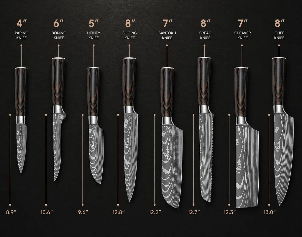Damascus Kitchen Knife Set, Damascus Steel, Brown Handle | Stainless Steel, Damascus Pattern, Roll Bag, For Meat