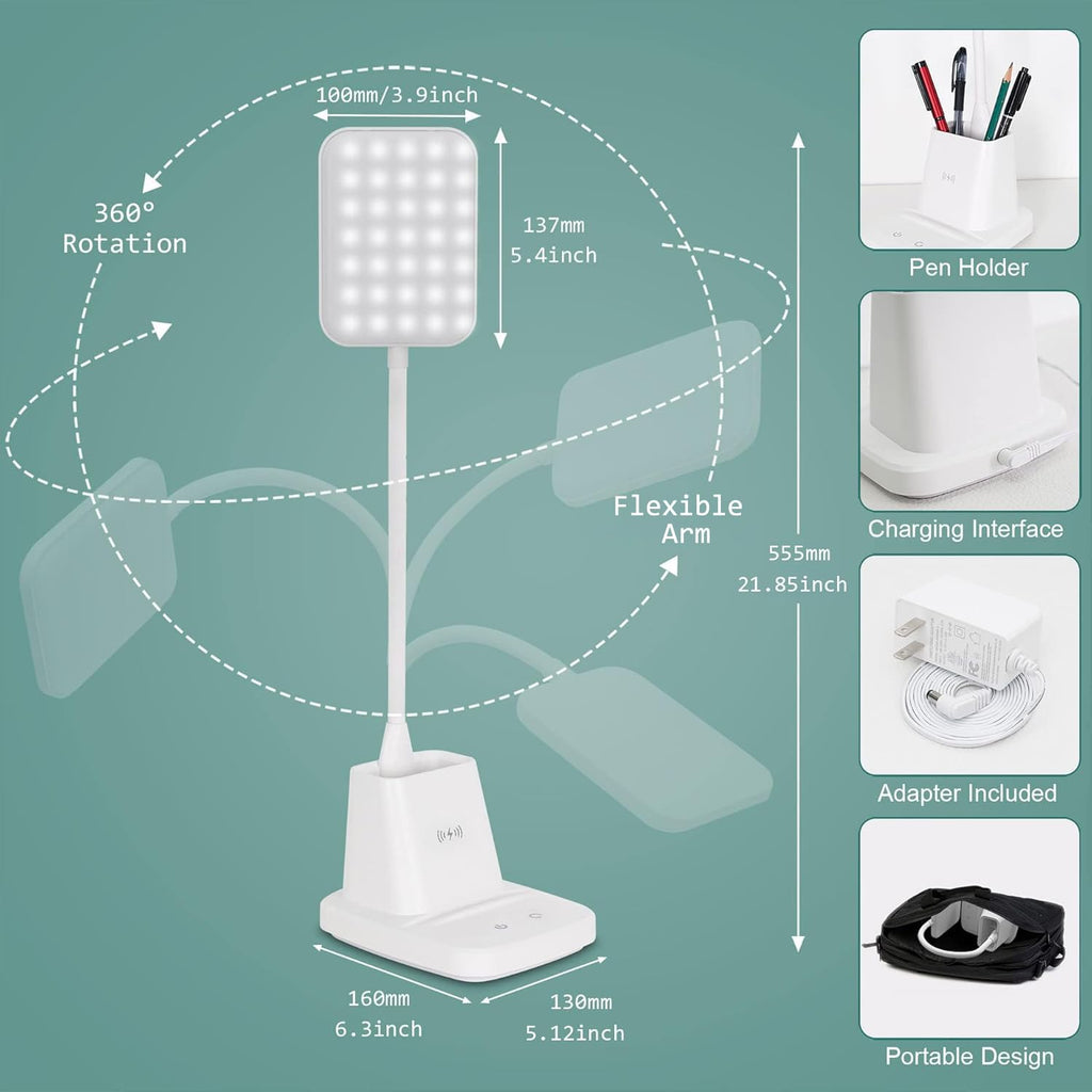 Upgraded 10W Wireless Charging LED Desk Lamp with Pen Holder, White