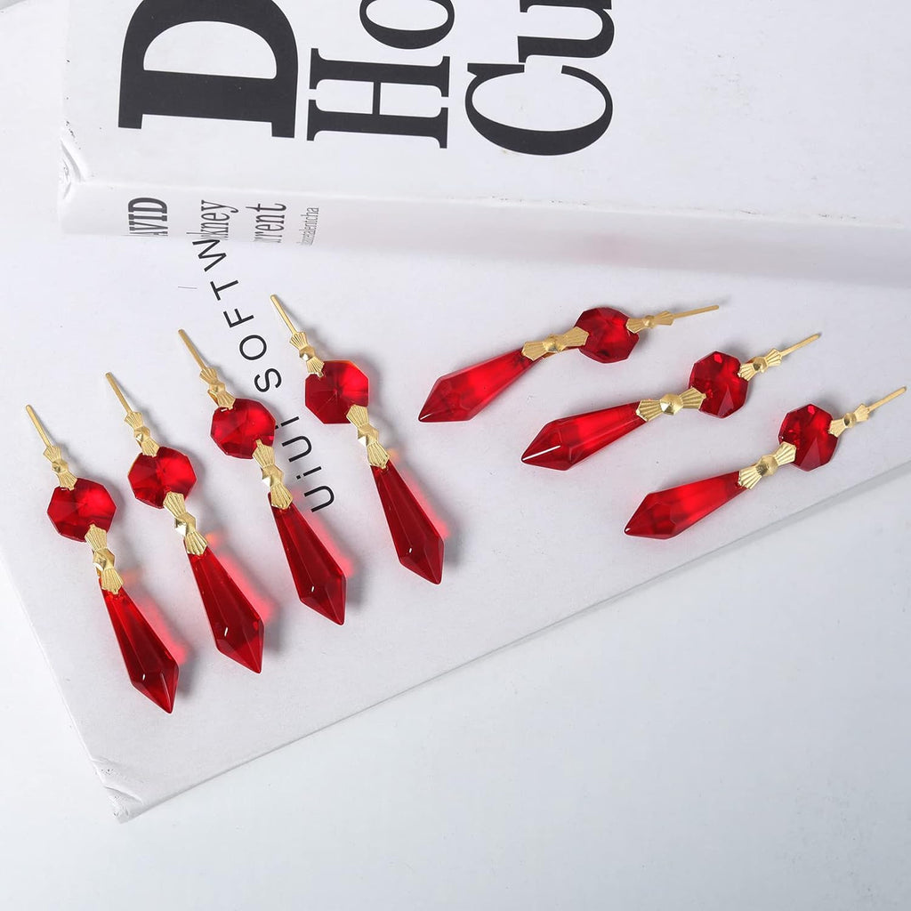 20pcs Red Crystals Prisms Glass Tip Beads Replacement Chandelier Icicle Drop Pendants Octagon Crystal Beads Gold Pins
