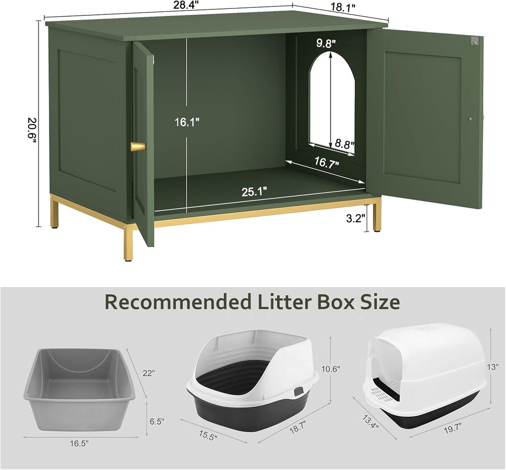 28.3" L Cat Litter Box Enclosure with Metal Frame, Green and Gold