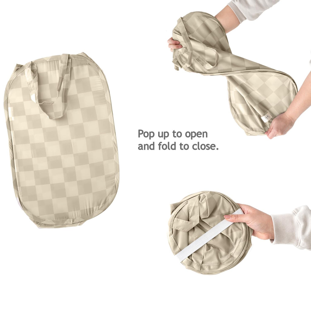 Pop Up Hamper, Collapsible Laundry Basket, Checkerboard Beige