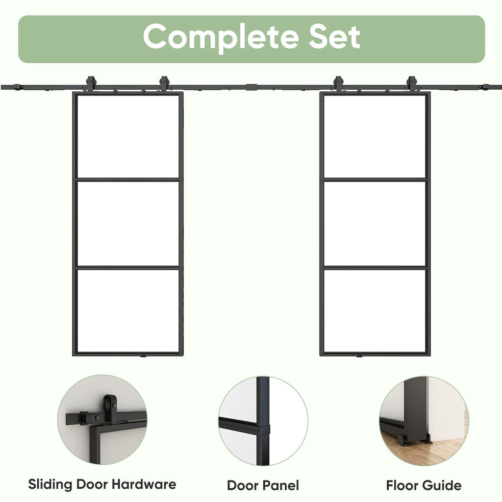 72in x 84 in Double Glass Barn Door with 12FT Top Mounted Hardware kit Soft Close, Black Carbon Steel Tempered