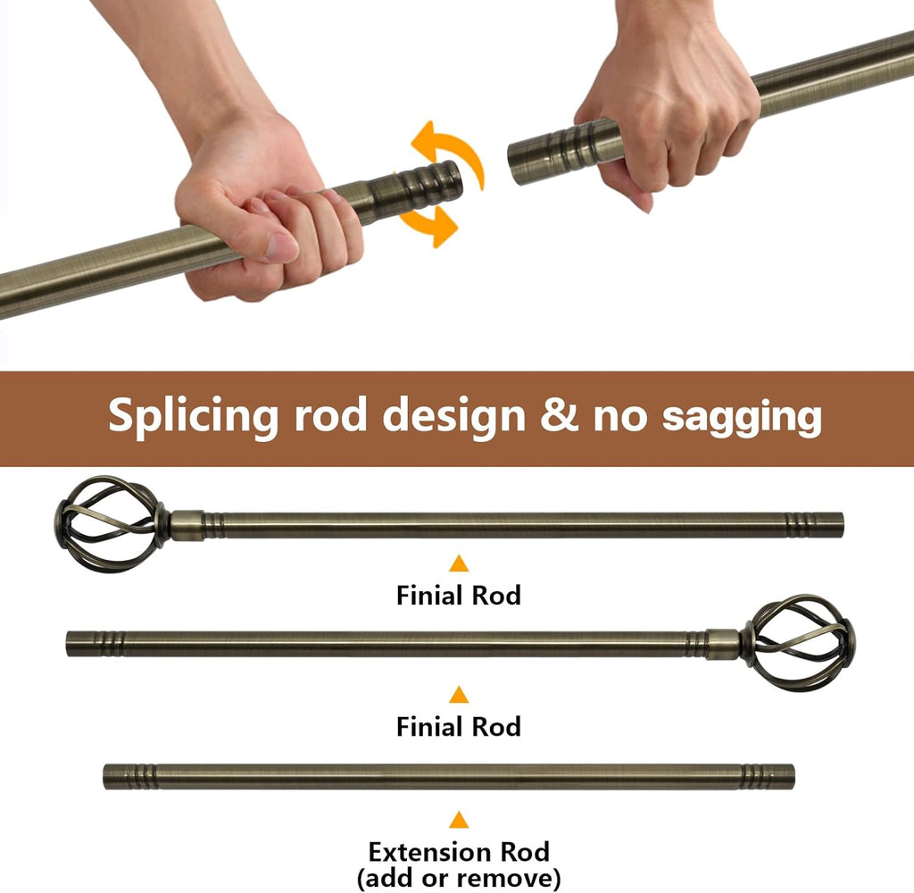 Antique Brass Curtain Rod, 5/8 inch Curtain Rod Set with Twisted Finials Ends, Heavy Duty Drapery Rod