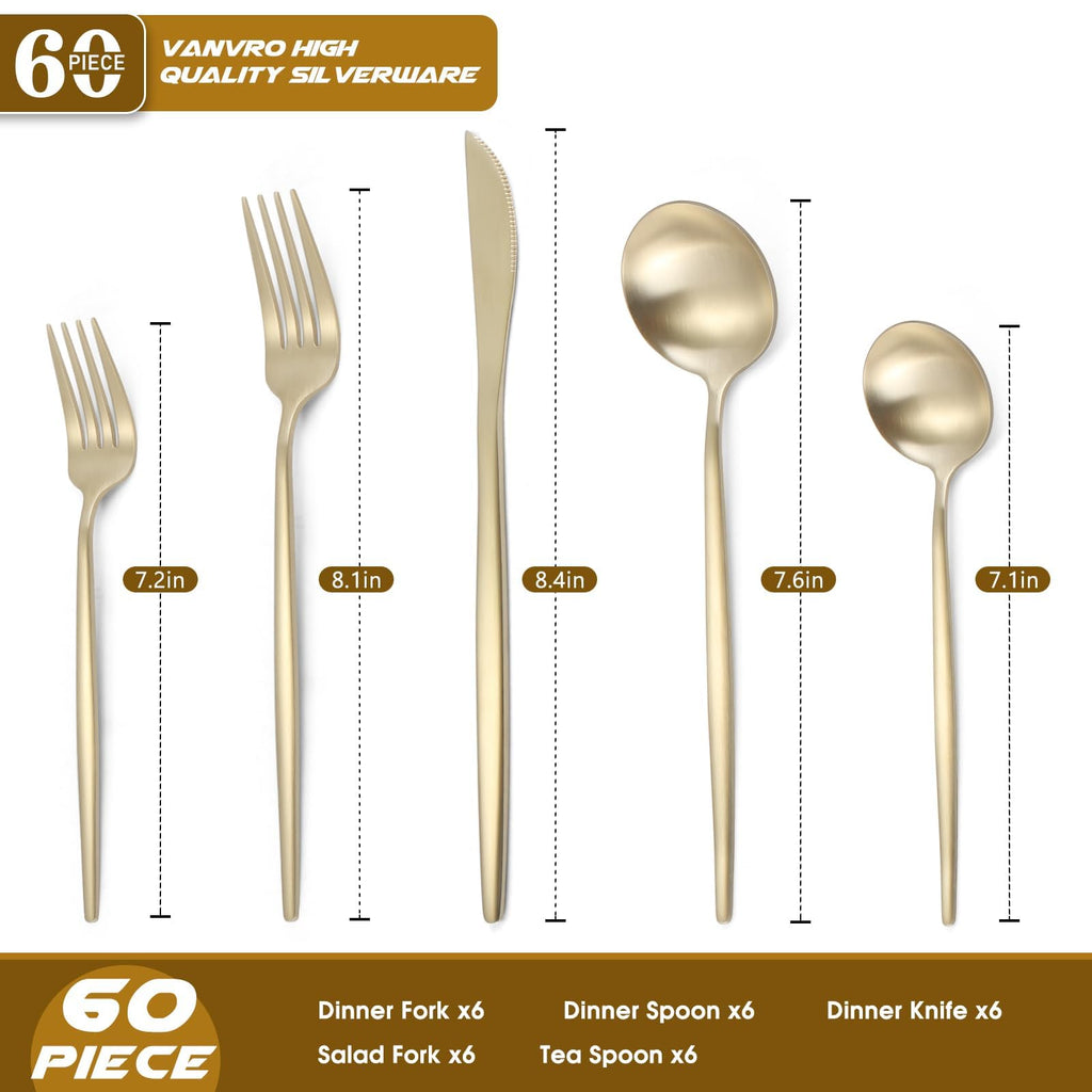 Champagne Gold Silverware Set, 60-Piece Stainless Steel Flatware set,Matte Silverware Sets Service for 12, Tableware