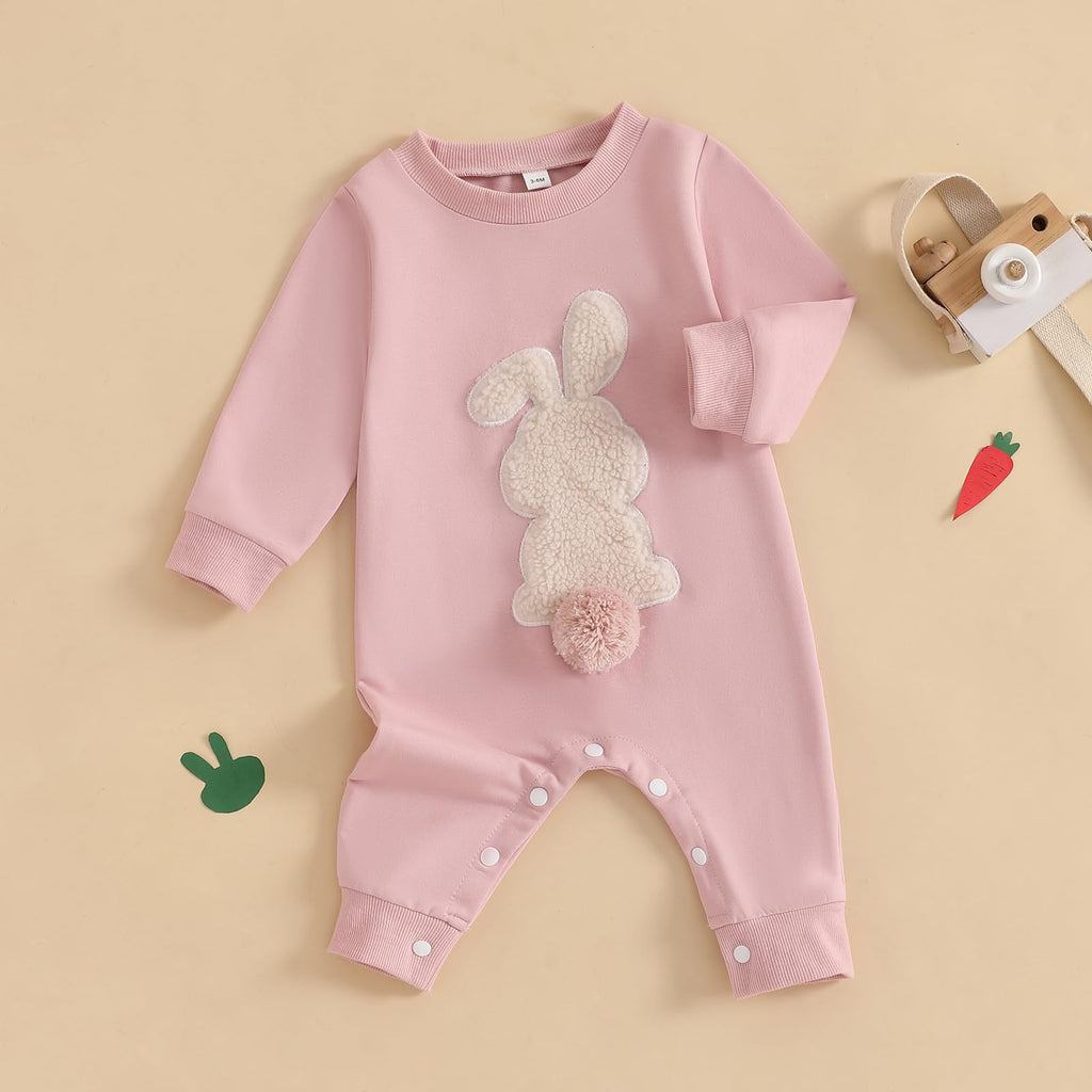 Easter Baby Boy Girl Outfit Embroidery Bunny Rompers Bunny Tail Jumpsuit Unisex Newborn Infant Easter Clothes (Pink