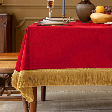 Rectangular Velvet Tablecloth, Vibrant Red Velvet with Luxurious Gold Tassel Fringe, Heavy‐Thick Table Cover for
