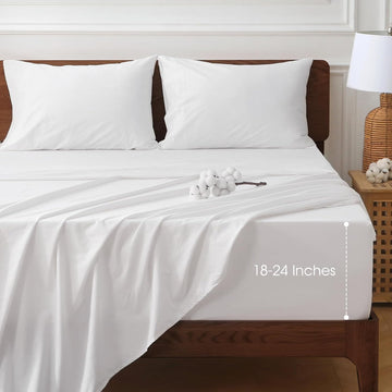Extra Deep Pocket Queen Sheets 18-24 Inch, 100% Cotton Percale 4pc - Set of 4