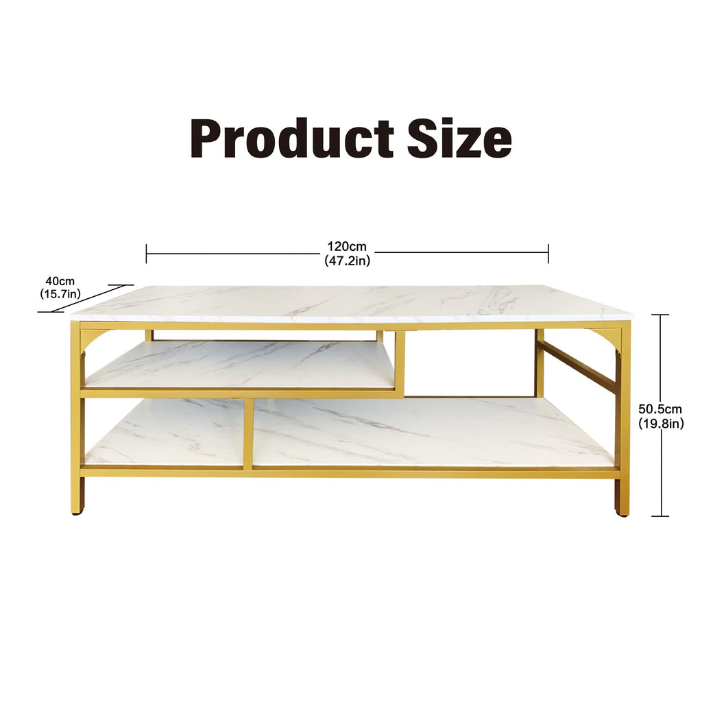 3-Tier Stand for TV Media Console Table with Open Shelving Storage Bedroom (Gold Frame with White Faux Marble top PB