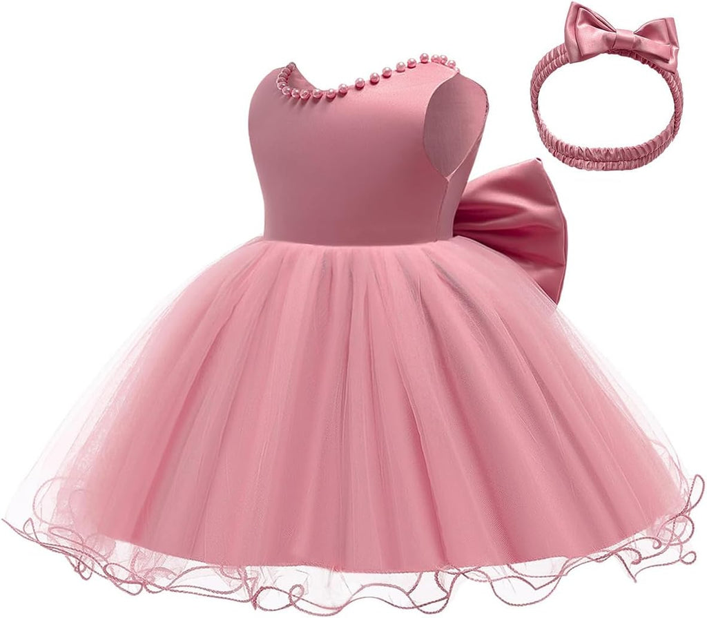 Flower Girl Dress Satin Baby Girl Formal Tulle Dress Bow Headband 0