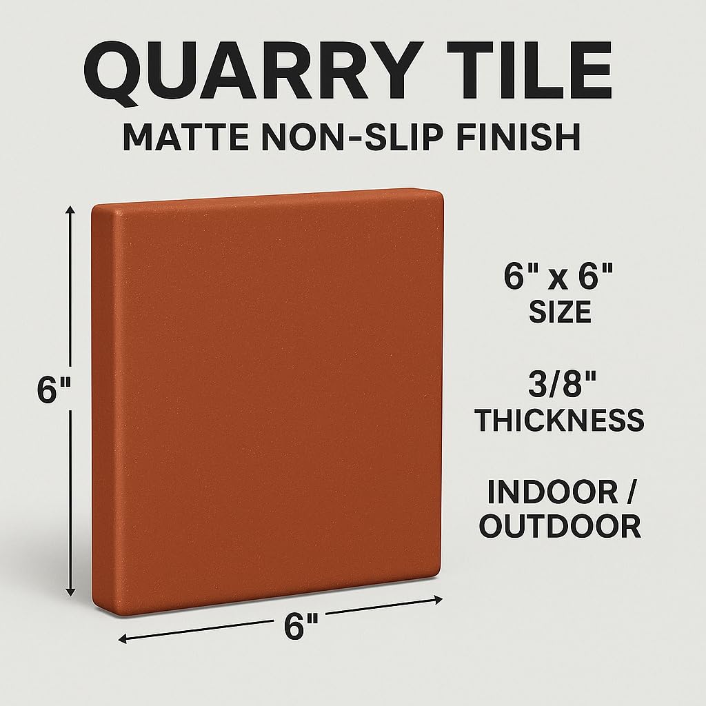6x6 Matte Red Quarry Tile - Non-Slip Heavy-Duty Ceramic Floor & Wall Tile, 30 Tiles (7.5 Sq Ft), for Commercial