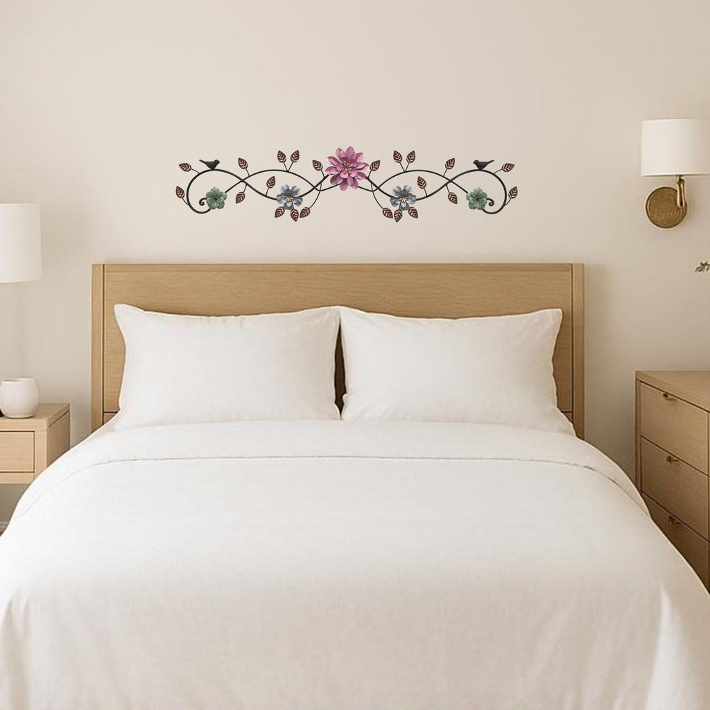 Metal Flower Wall Art above Door: 3D Floral Wall Décor above Window with Bird Leaves - 32.28" French Country