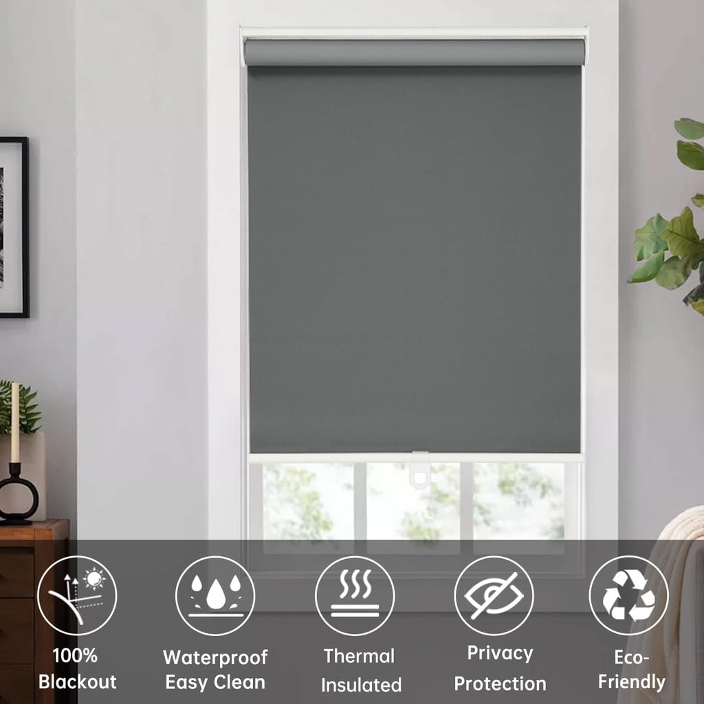 Blackout Roller Shades Cordless for Windows, 100% Room Darkening Window Blinds, Thermal Insulated UV Protection, Easy
