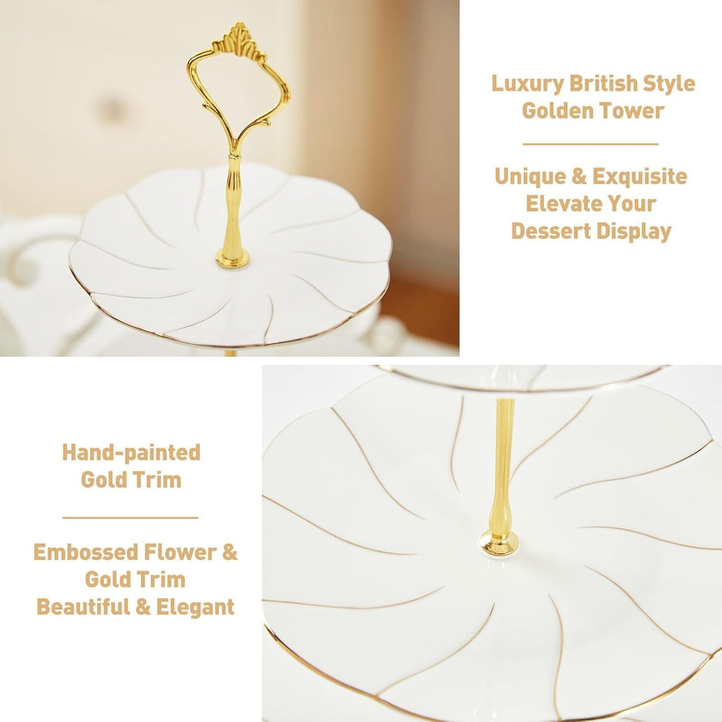 Luxury Larger 3-Tier Cupcake Stand Tower, British Style Porcelain Serving Tray with Golden Trim, Food Grade Dessert - Set of 3