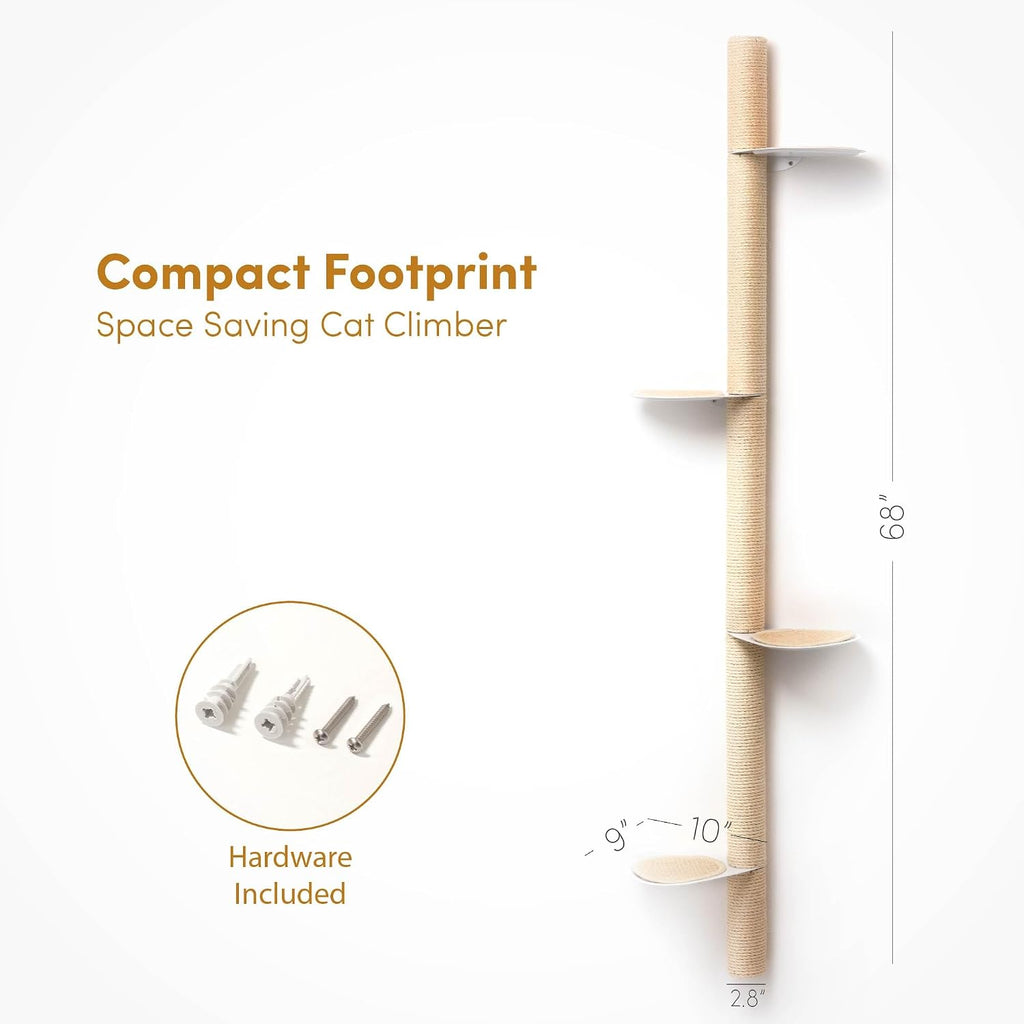 68" Tall Wall-Mounted Cat Tree - Modern Space-Saving Cat Shelf with Sisal Scratching Post & Steel Climbing Steps