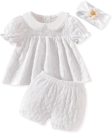 Baby Girl Summer Outfits Smocked Tops Shorts Set With Headband
