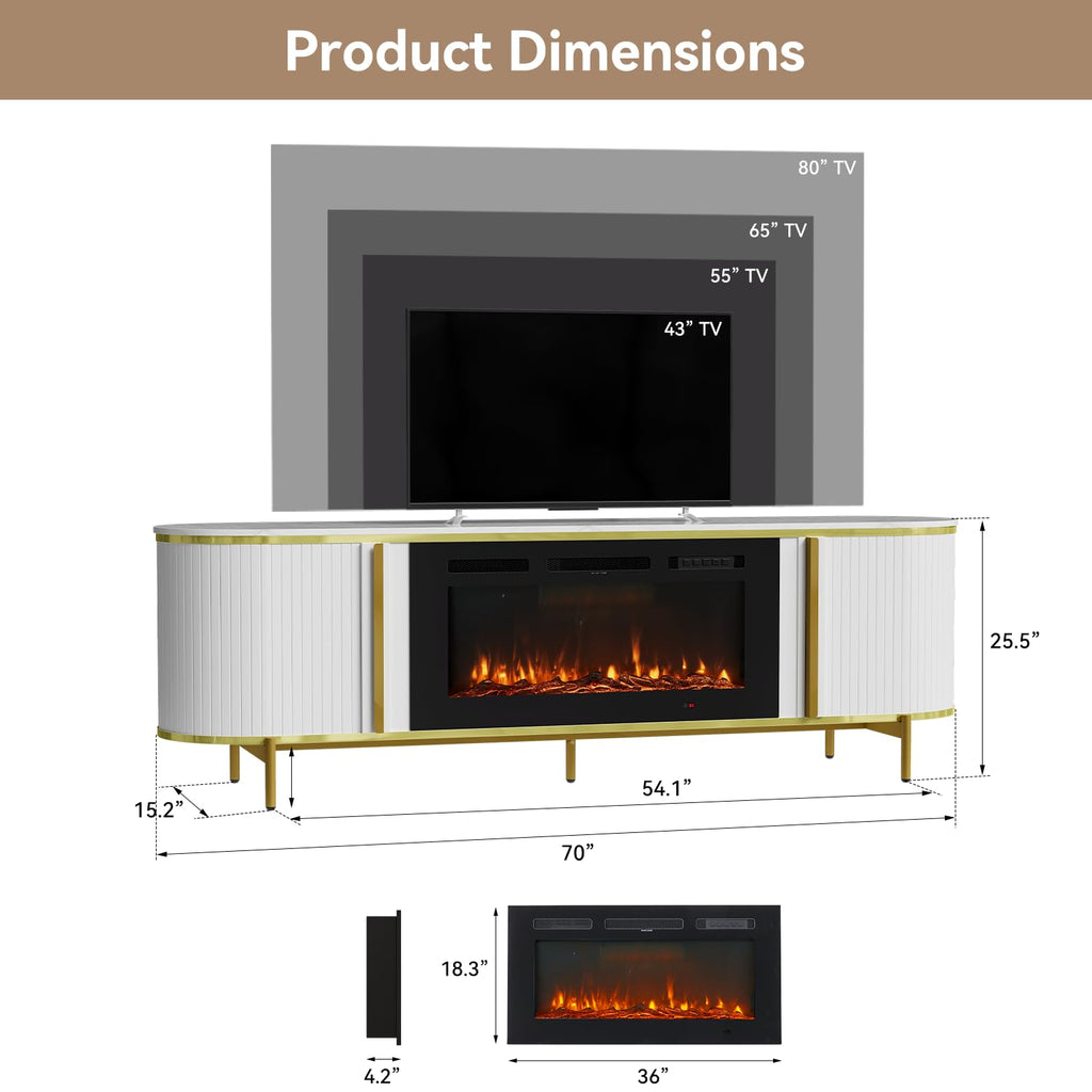 Luxury Fluted TV Stand with Fireplace, 70 inch, White