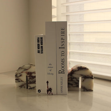 Set of 2 Natural Calacatta Viola Marble Bookends for Shelves, Decorative Book Ends for Heavy Books, Book Stopper