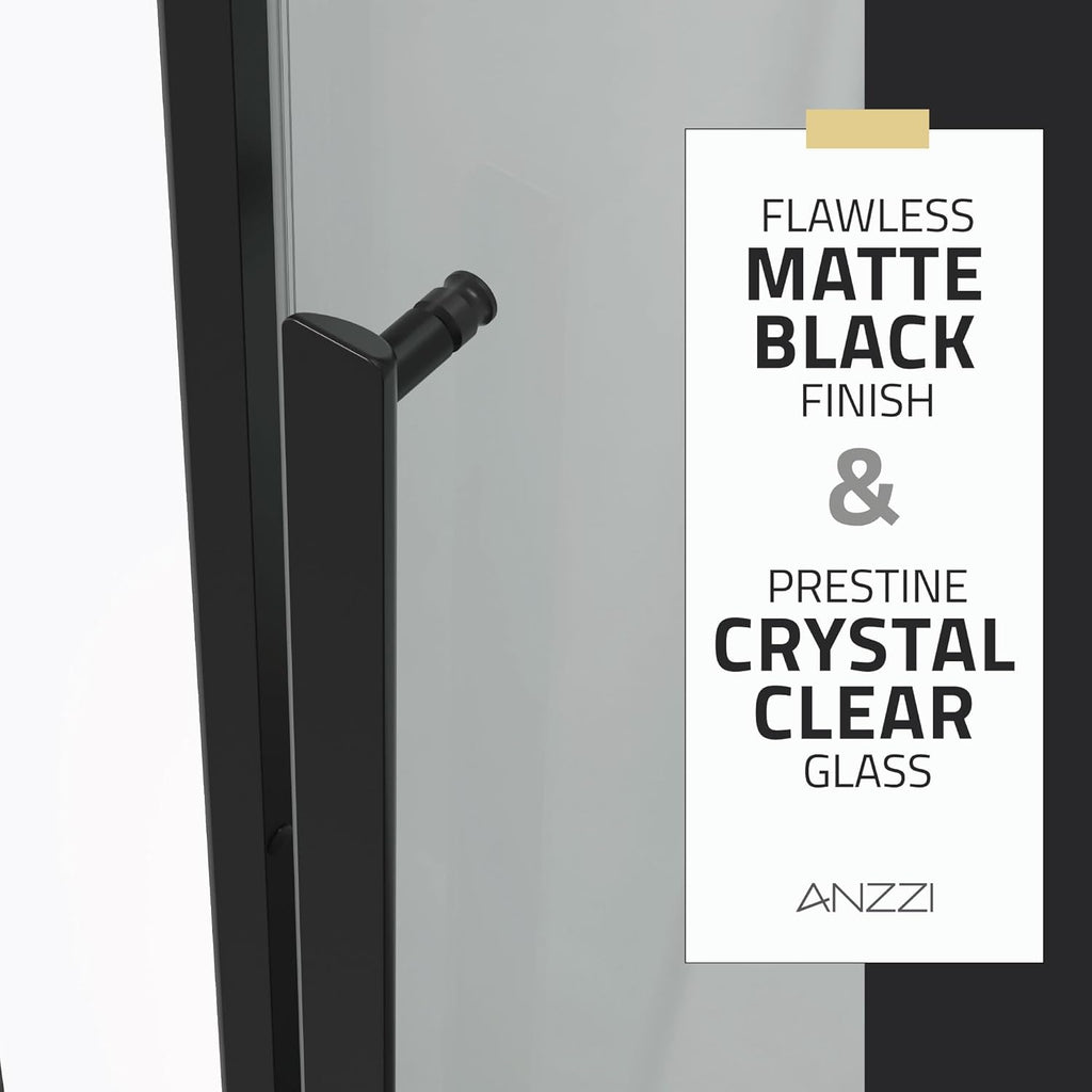 Frameless Sliding Shower Door 60 x 76 in Matte Black, 5/16 in Tempered Deco-Glass, Tsunami Guard Coating