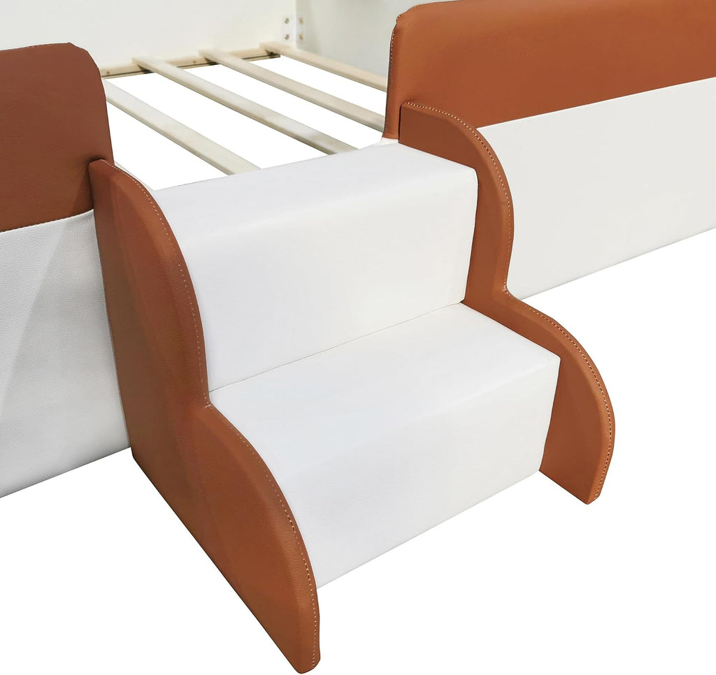 Queen Size Montessori Floor Bed with Stairs, PU Upholstered Montessori Bed Frame with Slats and Fence, Easy Assemble