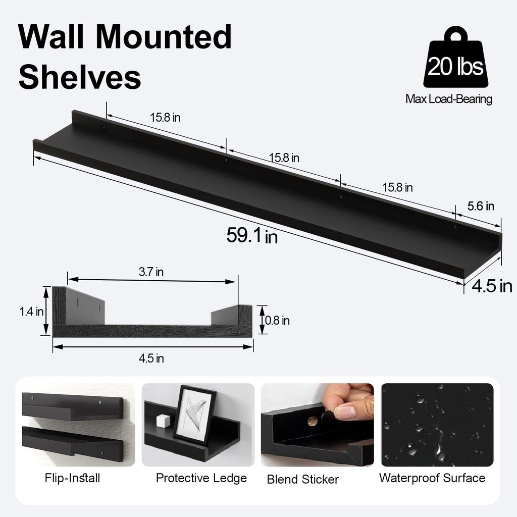 Black Floating Shelves for Wall Decor, 60 in Shelf with Lip Set of 2