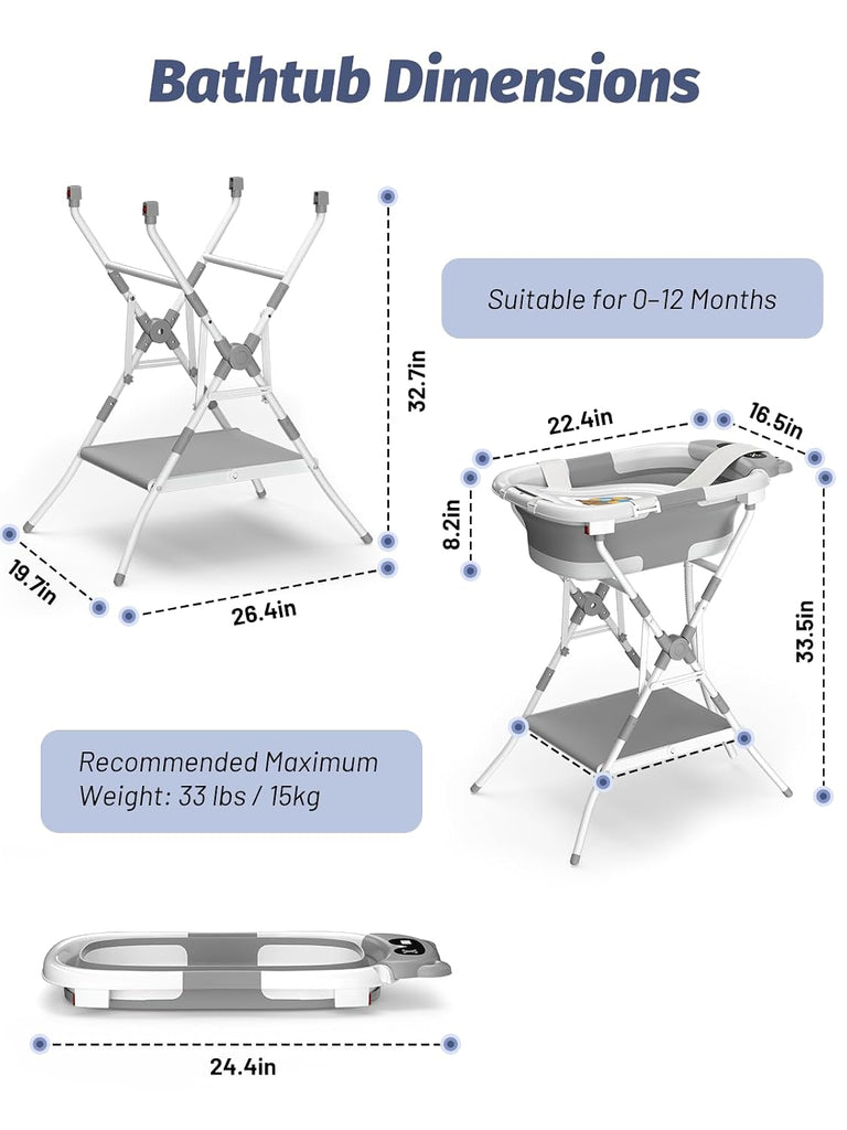 Bathtub with Stand, Foldable Metal Standing Baby Bath Tub, in-1 Anti-Slip Collapsible Tub with Cushion Storage Pad