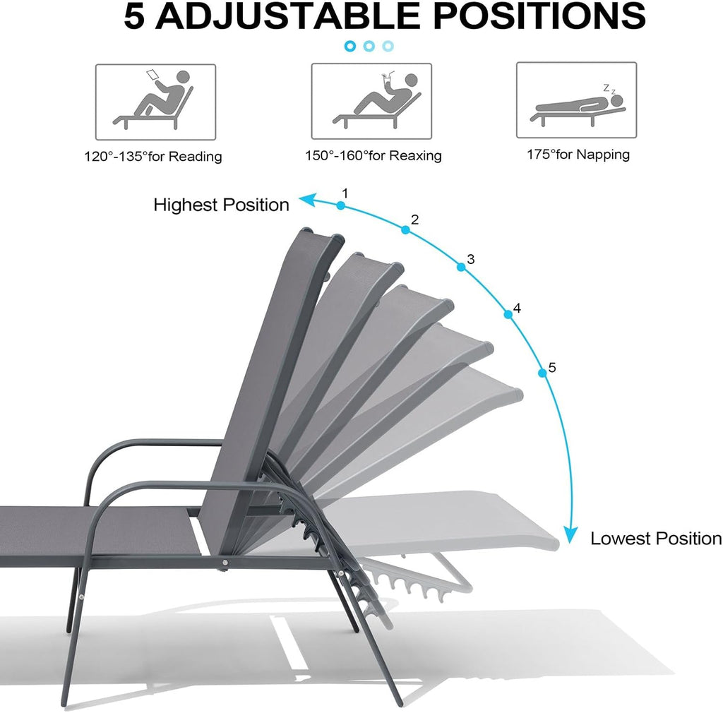 Chaise Lounge Outdoor, Aluminum Pool Lounge Chairs Set of 4 (Gray) | 5-Position Adjustable Backrest with Armrests