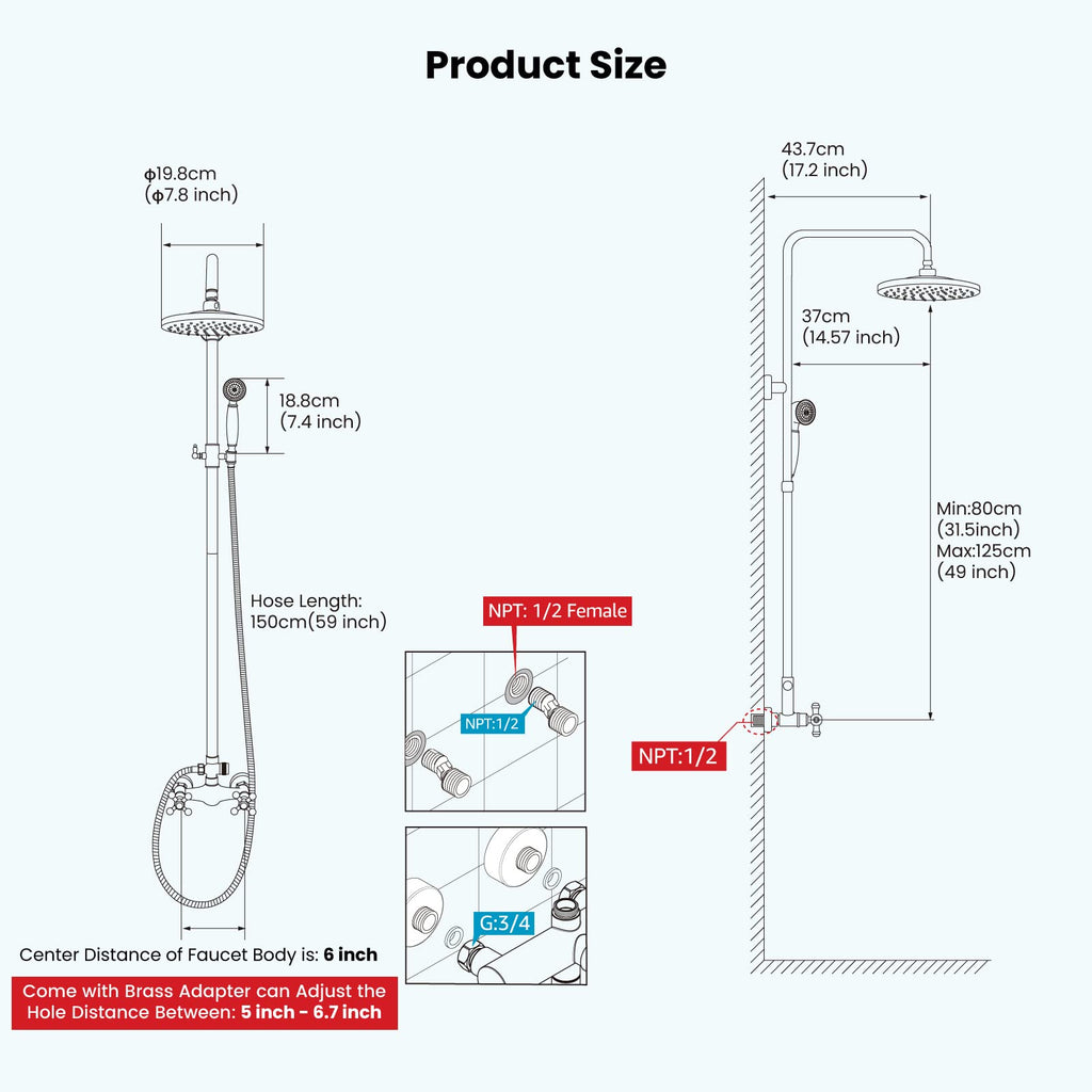 Exposed Shower System 8'' Head with Handheld Polished Gold