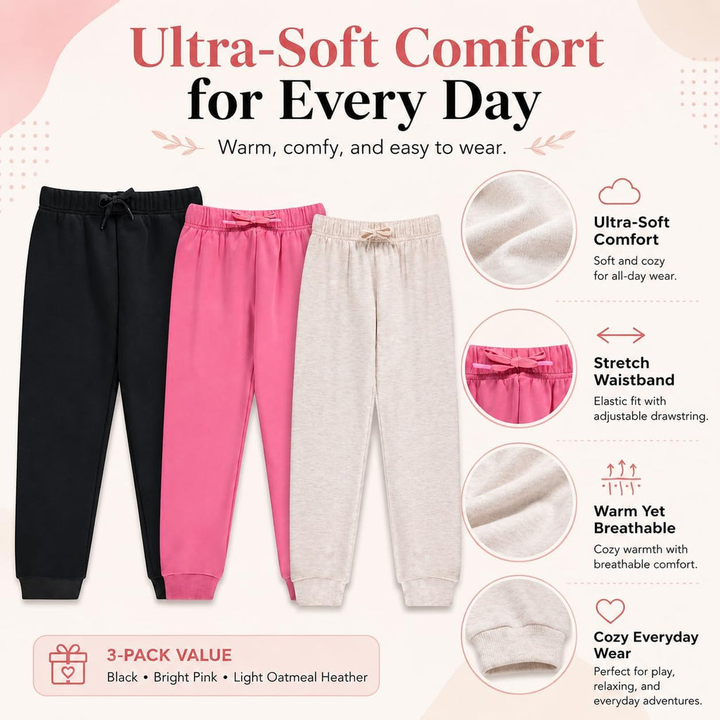 Kids Girls Fashion Stretch Waist Ultra Soft Jogger Pants Set 3 Pack Bundle