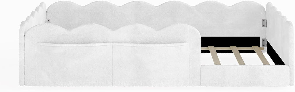 Upholstered Floor Bed with Side Storage Pockets, Bed Frame, White