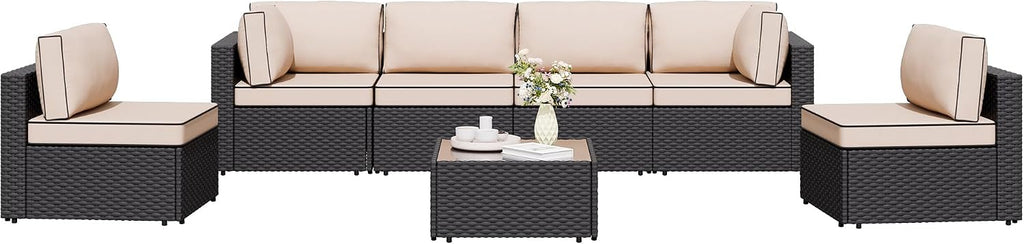 7 Pieces Outdoor Patio Sectional Sofa Couch, Wicker Furniture Conversation Sets with Washable Cushions & Glass Coffee