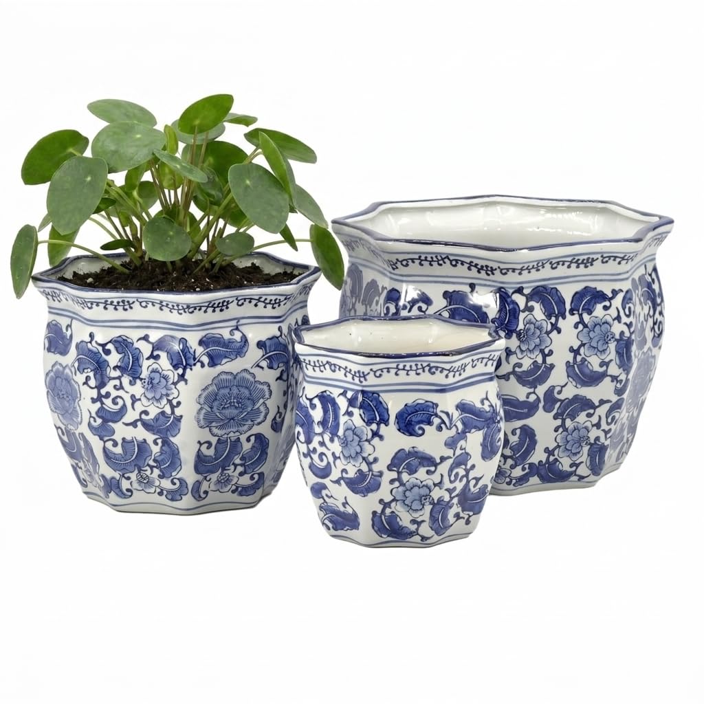 Blue & White Round Fluted Classic Floral Porcelain Ceramic Plant Flower Planter Pot Set of 3 (7.5", 10", 13") Garden