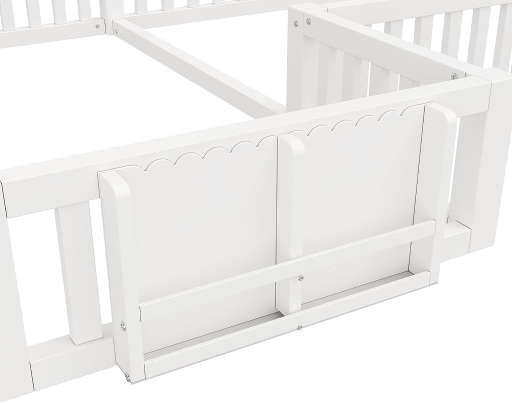 L Shape Double Floor Bed with Bookcase & Lockable Safety Gate, Montessori Bed Frame with Storage for