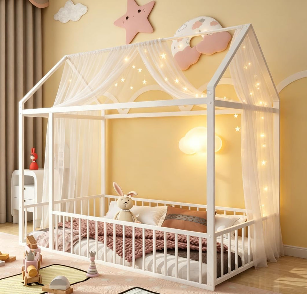 Twin Size Montessori Floor Bed, Metal House Bed Frame for Kids, Floor Beds with Fence, White