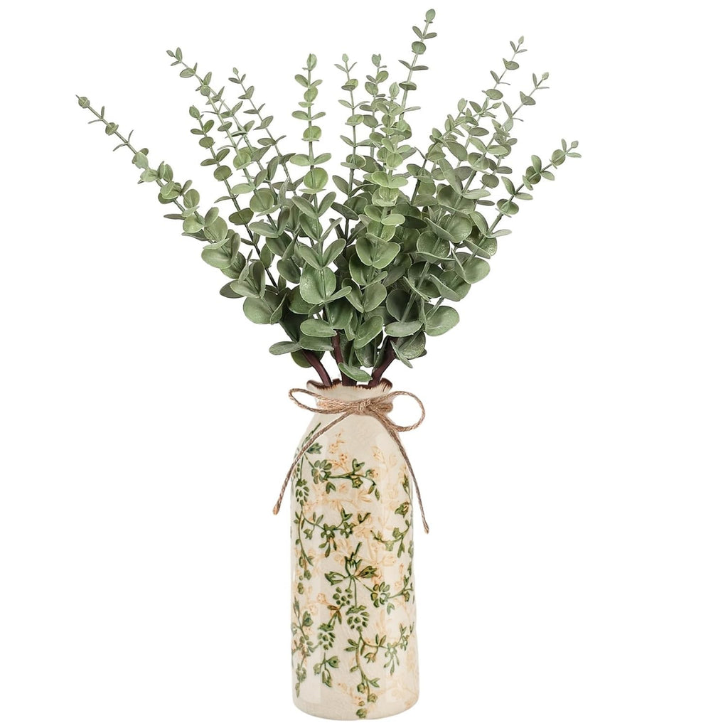 Farmhouse Artificial Eucalyptus Stems in Vintage Ceramic Vase Set (Green)