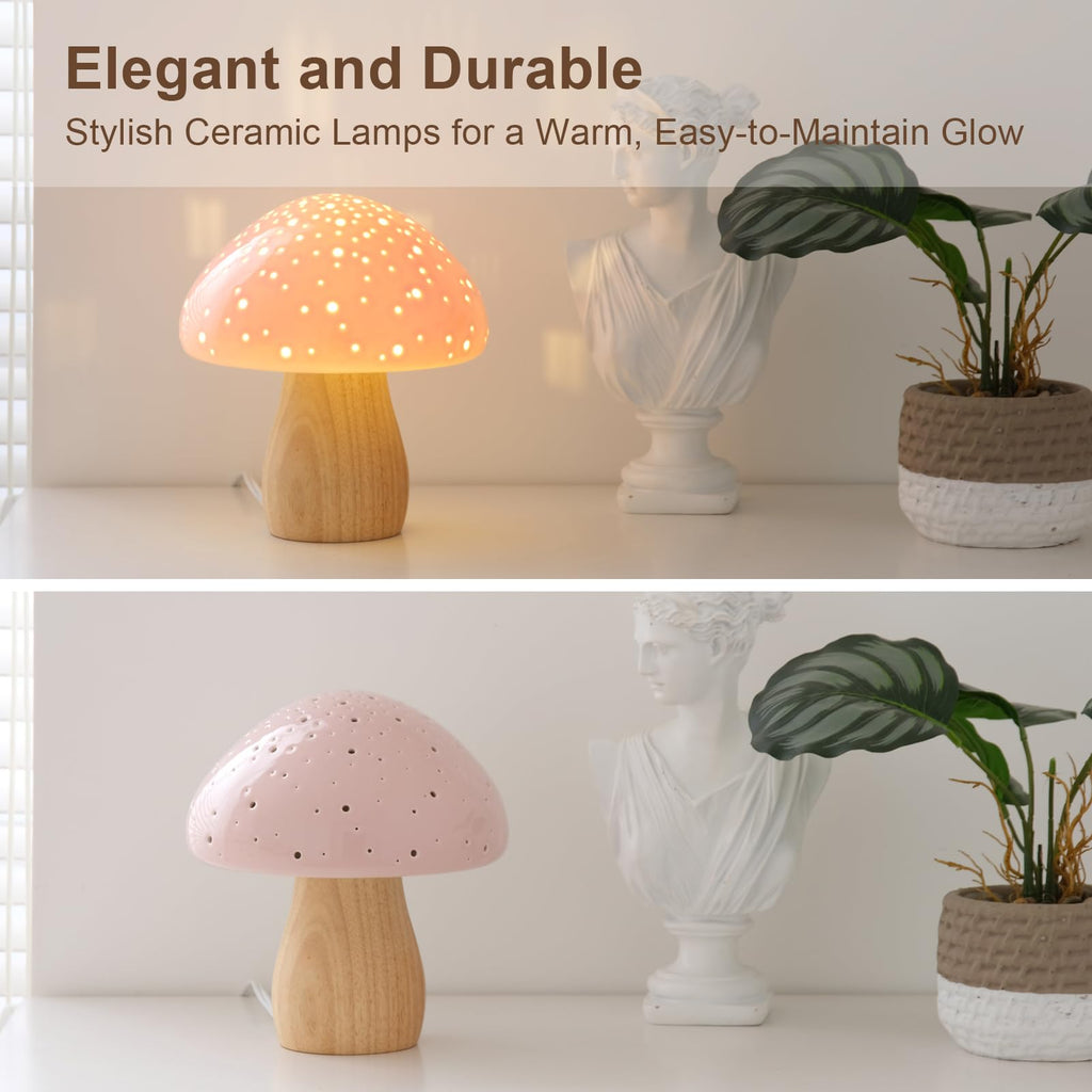 Mushroom Lamp Ceramic Bedside Table Lamp, Pink