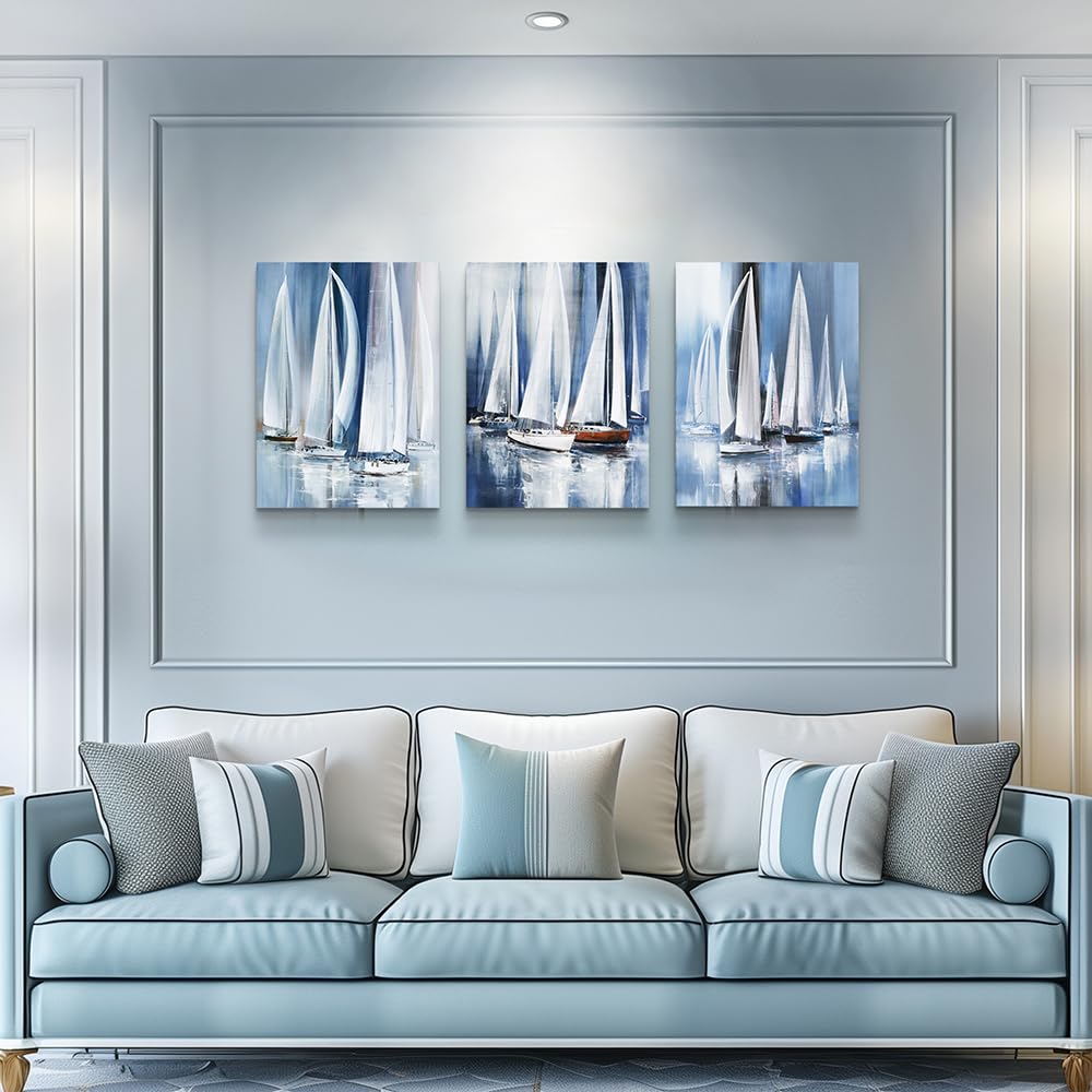 3 Piece Framed canvas wall art bathroom bedroom Wall Art Decor Ocean landscape sailboat abstract Canvas painting