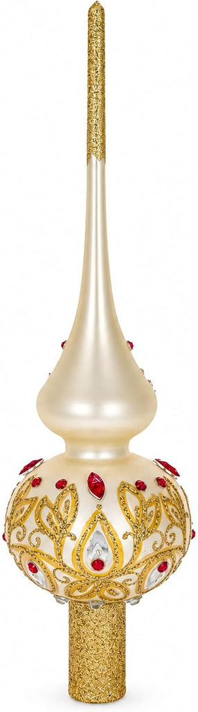 Red Jeweled with Golden Leaves Glass Christmas Tree Topper 11 Inches