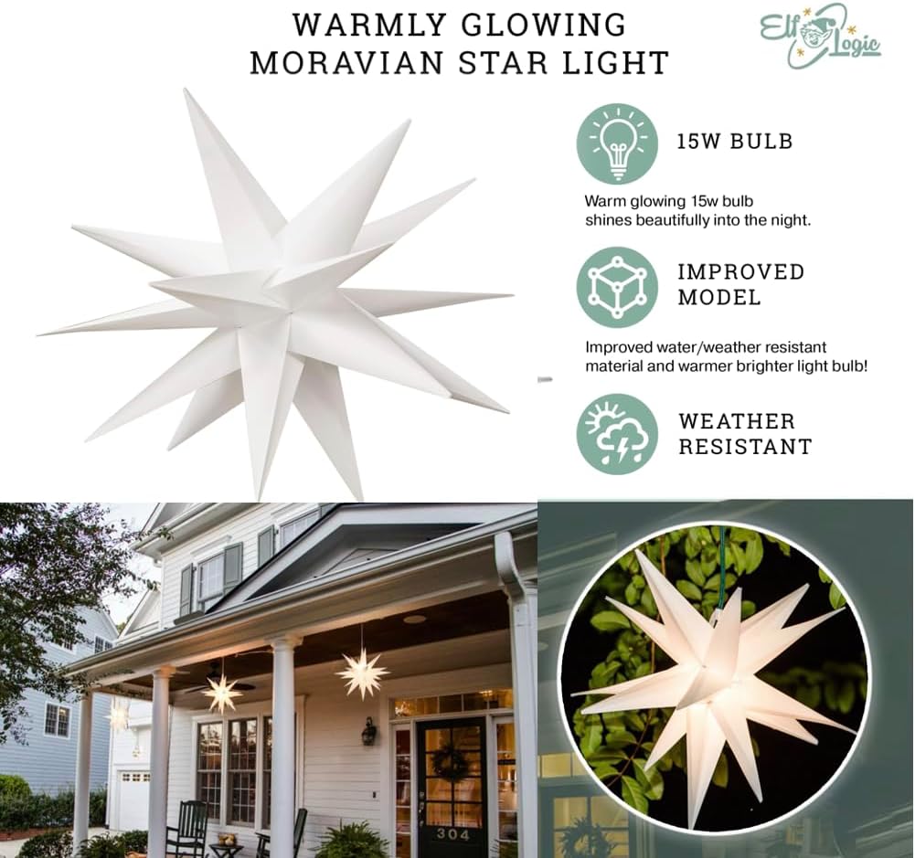 Large 18" Easy Assembly Warm White LED Moravian Star - Hanging Outdoor Christmas Light - Use as Holiday Decoration