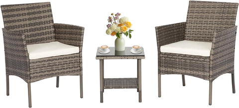 3 Piece Outdoor Furniture Set Patio Gray Wicker Chairs Furniture Bistro Conversation Set 2 Rattan Chairs with Khaki