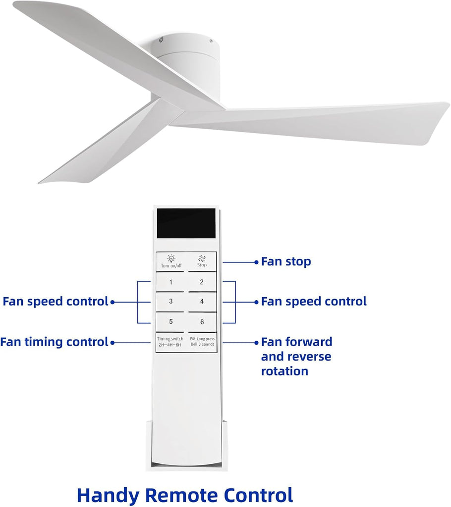 52" Low-Profile Modern Ceiling Fan with Remote – White Geometric Blades, 3-Blade, DC Motor, No Light