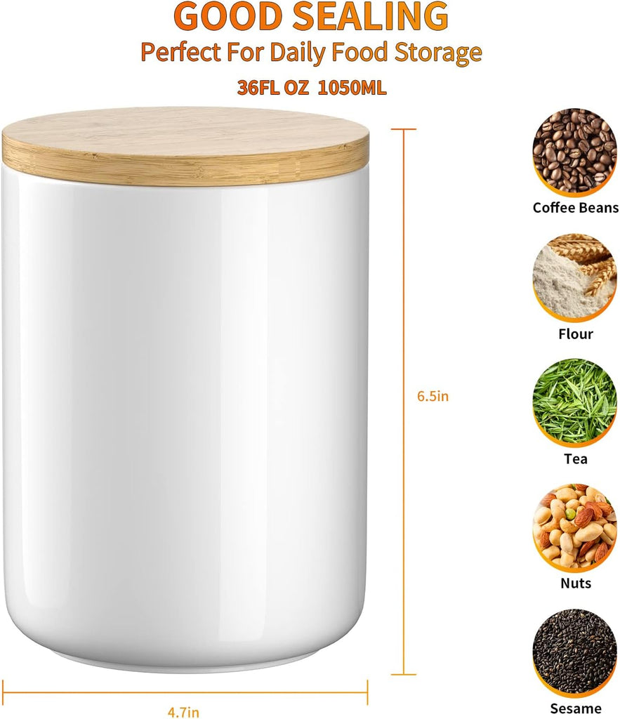 White Ceramic 1050mL 4 cup Food Storage Jar Canister with Airtight Bamboo Lid and Silicone Seal Container for Counter