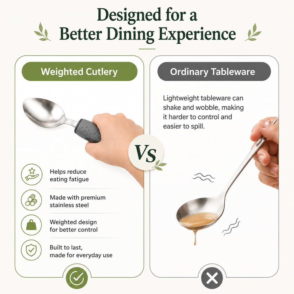 Adaptive Utensils 4-Piece Set - Weighted Utensils for Parkinson's & Hand Tremors, Built-Up Non-Slip Handles