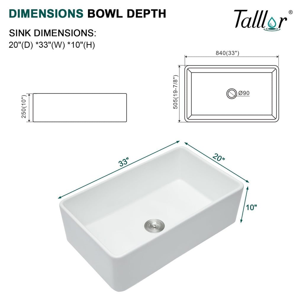 33x20 Inch White Farmhouse Sink, Fireclay Apron Front Single Bowl Ceramic Poecelain Farmhouse Kitchen Sink #