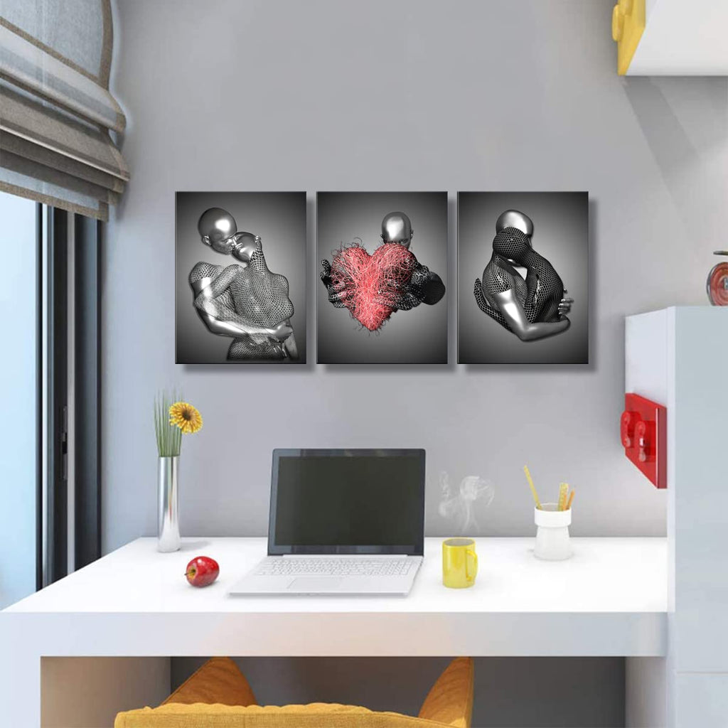 Framed 3 Pcs Love Heart 3d Wall Art Metal Sculpture Romantic Couple Abstract Art Prints Posters Decor Grey Black and