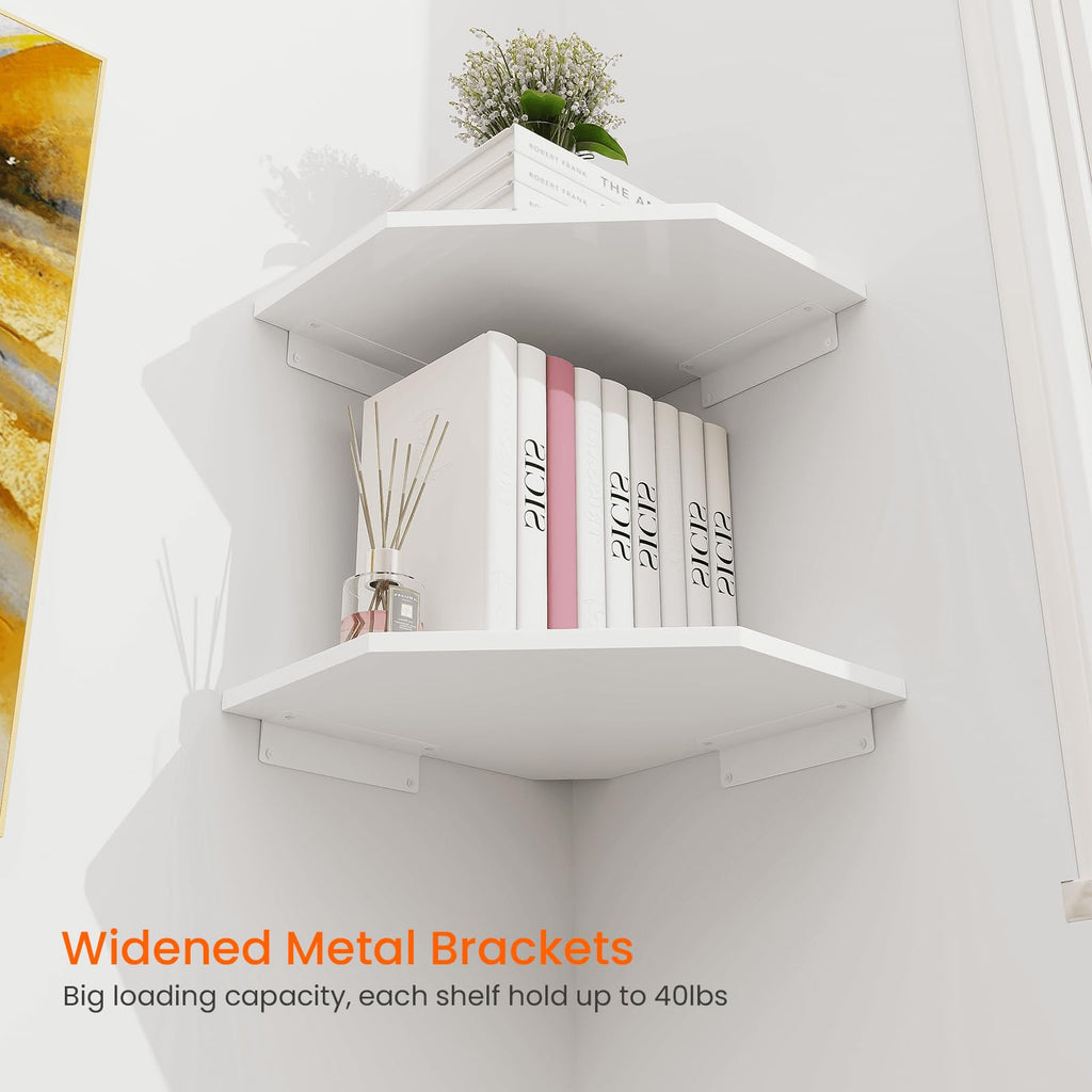 Corner Shelf Wall Mount, Set of 2 Corner Floating Shelves with Cord Hole for Speaker, Cable Box, 2 Tier Wood Hanging