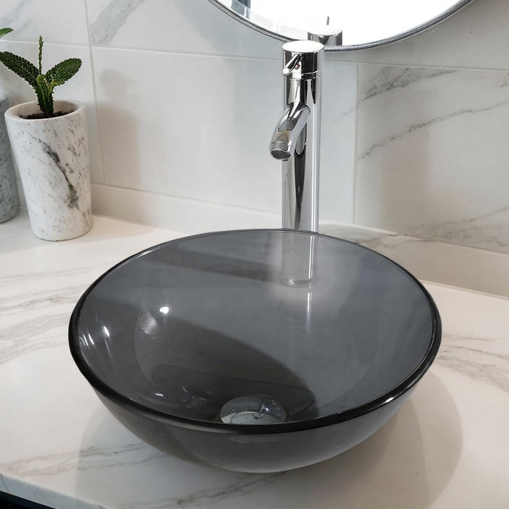 12 Inch Round Bathroom Sink Bowl with Drain Combo,Clear Black Glass Vessel Sink Basin Above Counter Tempered Glass Sink