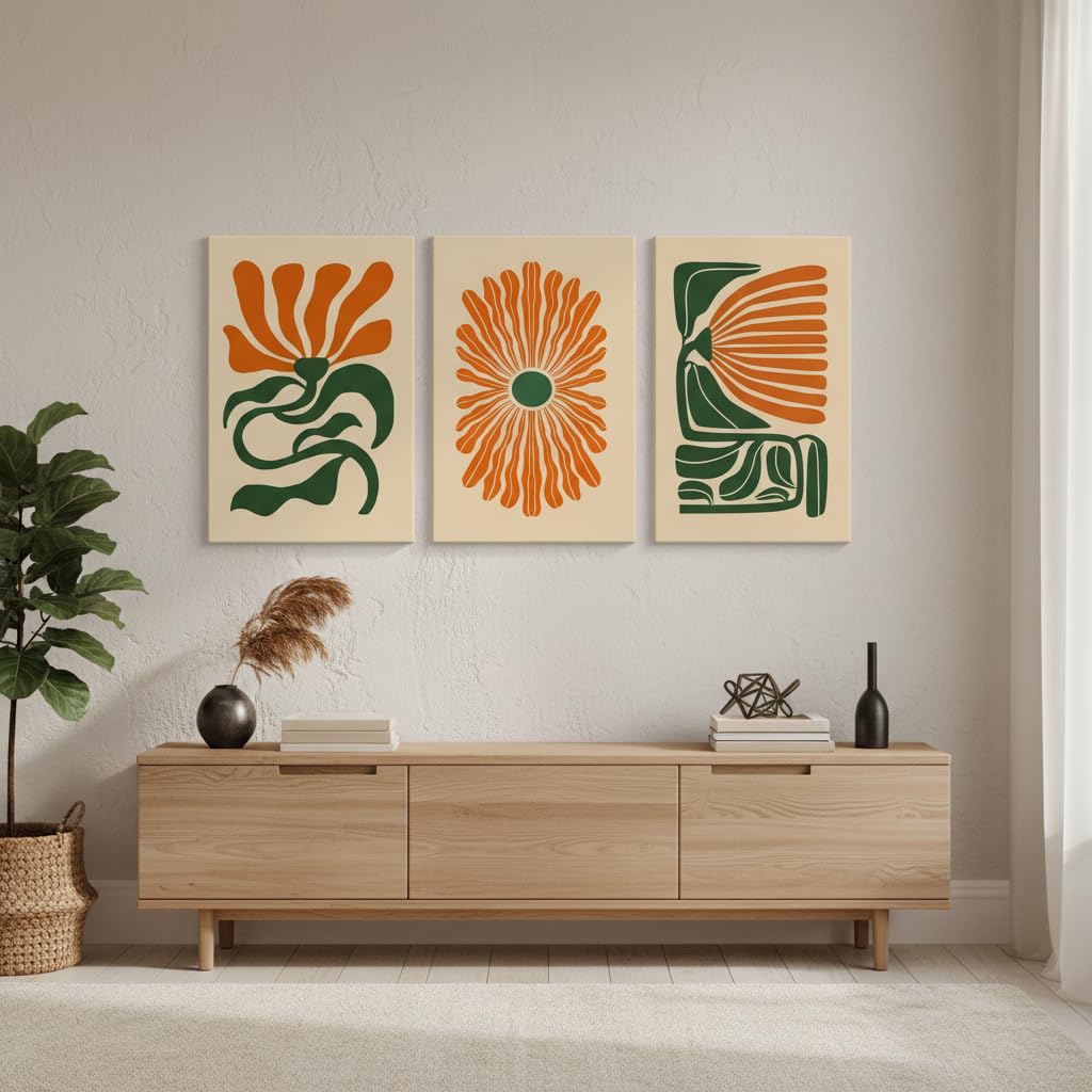3 Pcs Mid Century Floral Canvas Wall Art, Boho Flower Wall Decor