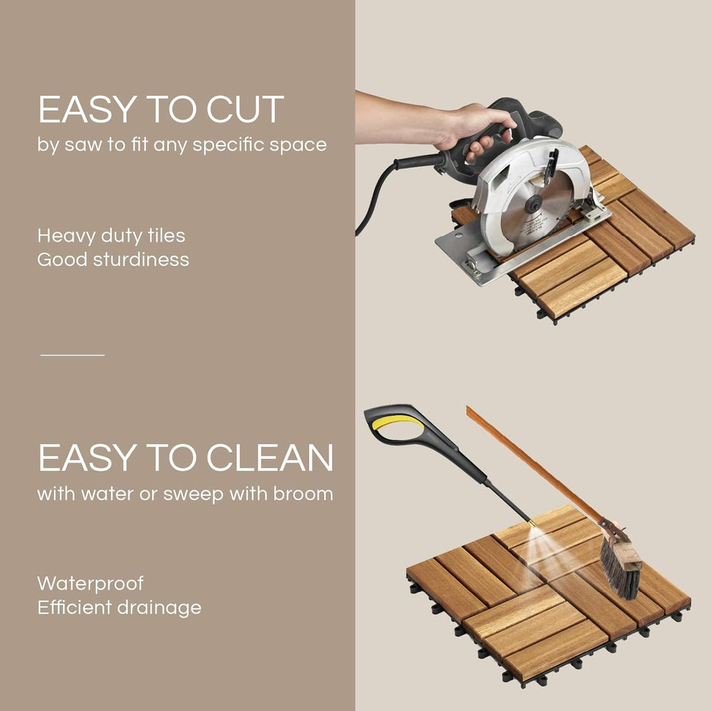 Premium Deck Tiles, Patio Flooring - Set 10 Pcs 12”x12”x0.9” Interlocking Deck Tiles, Waterproof Acacia Wood for