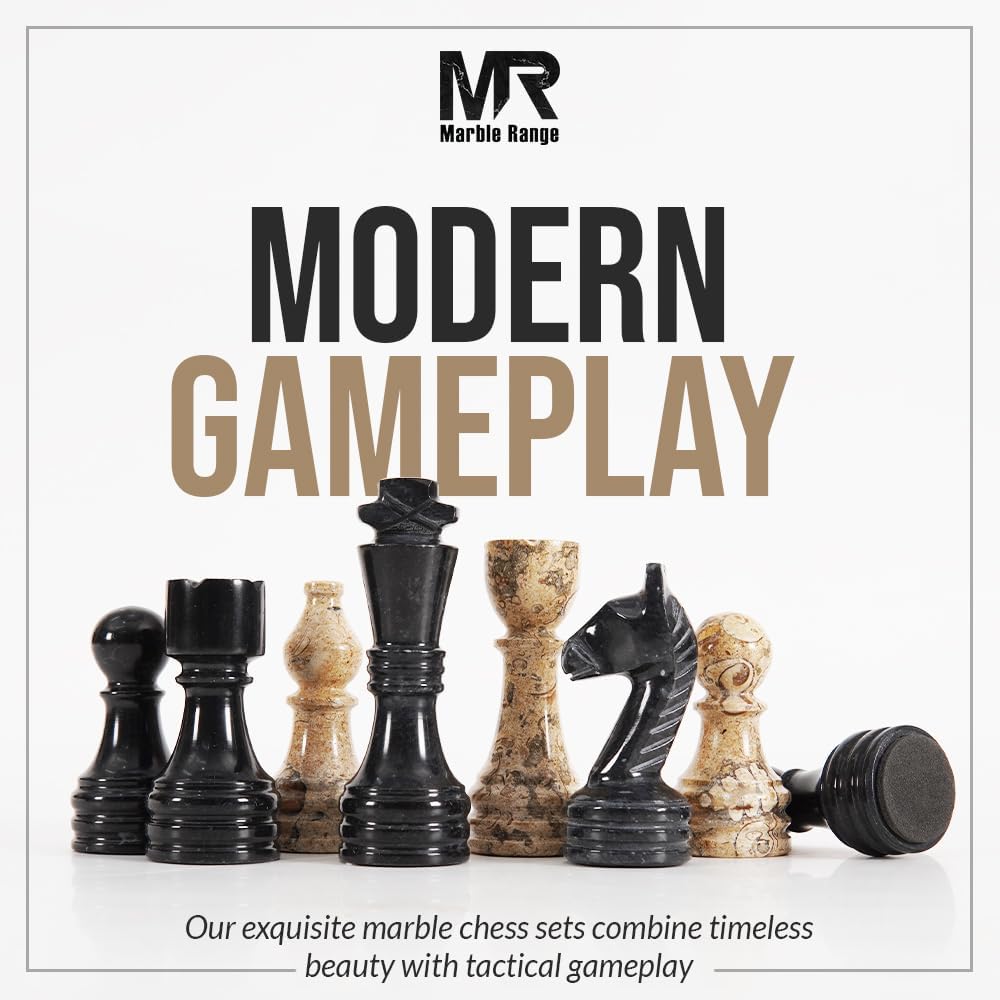 Marble Chess Set 15 Inch Black and Coral Handmade Board Game with Storage Box, Classic Travel Chess Set for Adults