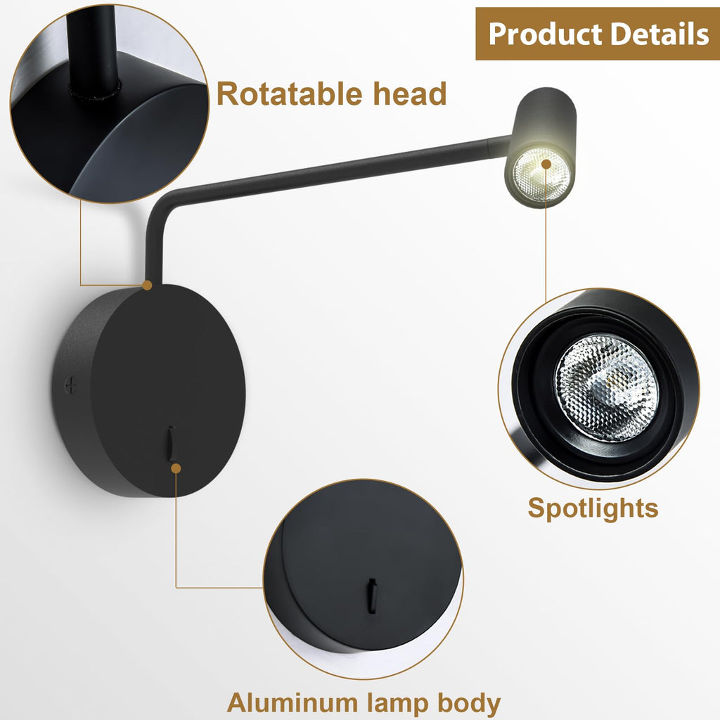 Wall Mounted Reading Light LED Hardwired Sconce with Switch on/Off Modern 3000K Swing Arm Bedside Wall Mount Lamp